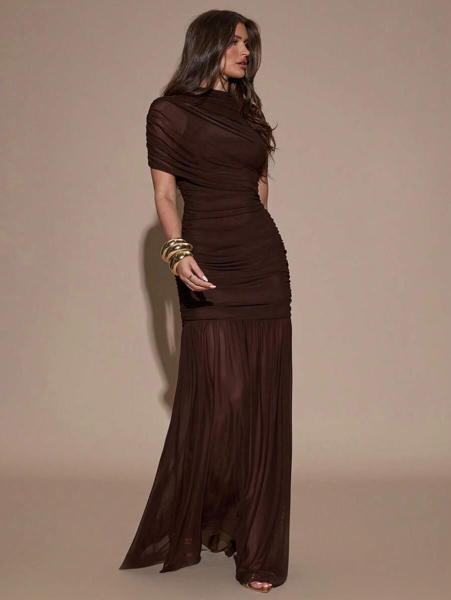 SHEIN BRĄZOWA MAXI SUKIENKA S06__L