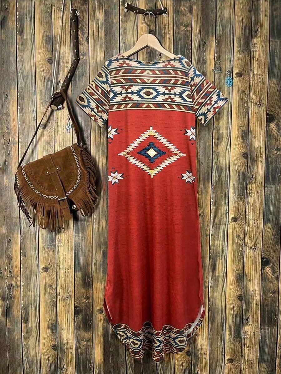 SHEIN MAXI SUKIENKA KRÓTKI RĘKAW WZÓR PRINT S06__M