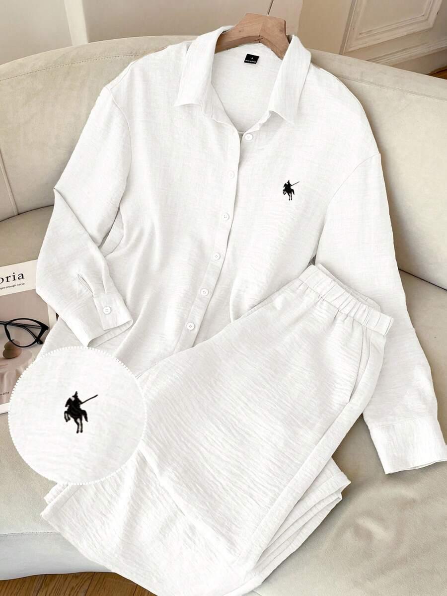 SHEIN BAWEŁNIANY BIAŁY KOMPLET KOSZULA SPODNIE CASUAL PK01__L