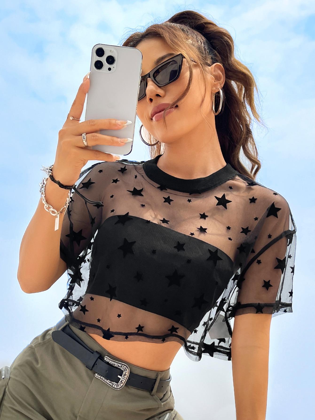 SHEIN CZARNY TOP SIATECZKA S06__L
