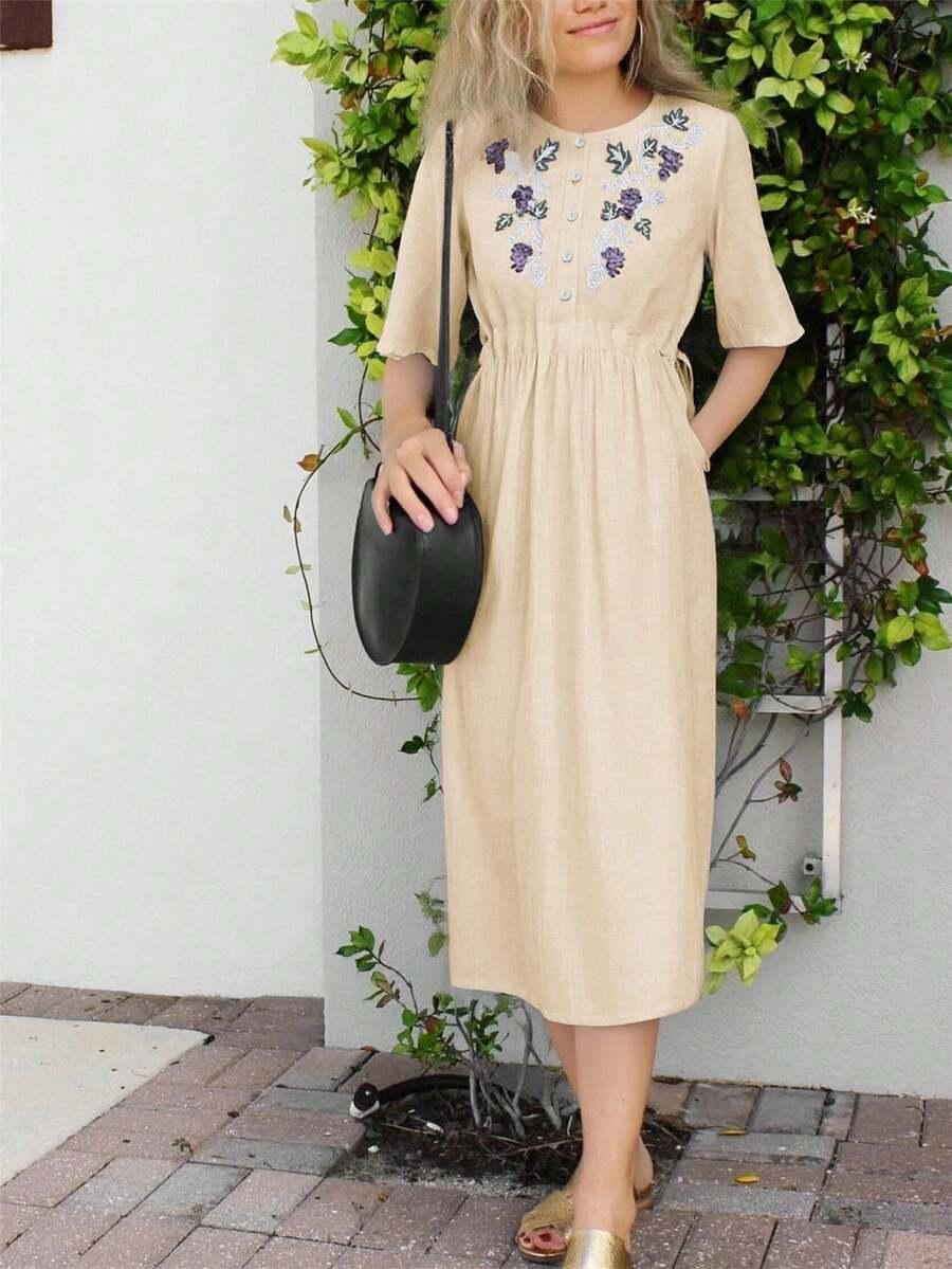 SHEIN BEŻOWA MIDI SUKIENKA HAFT S06__S