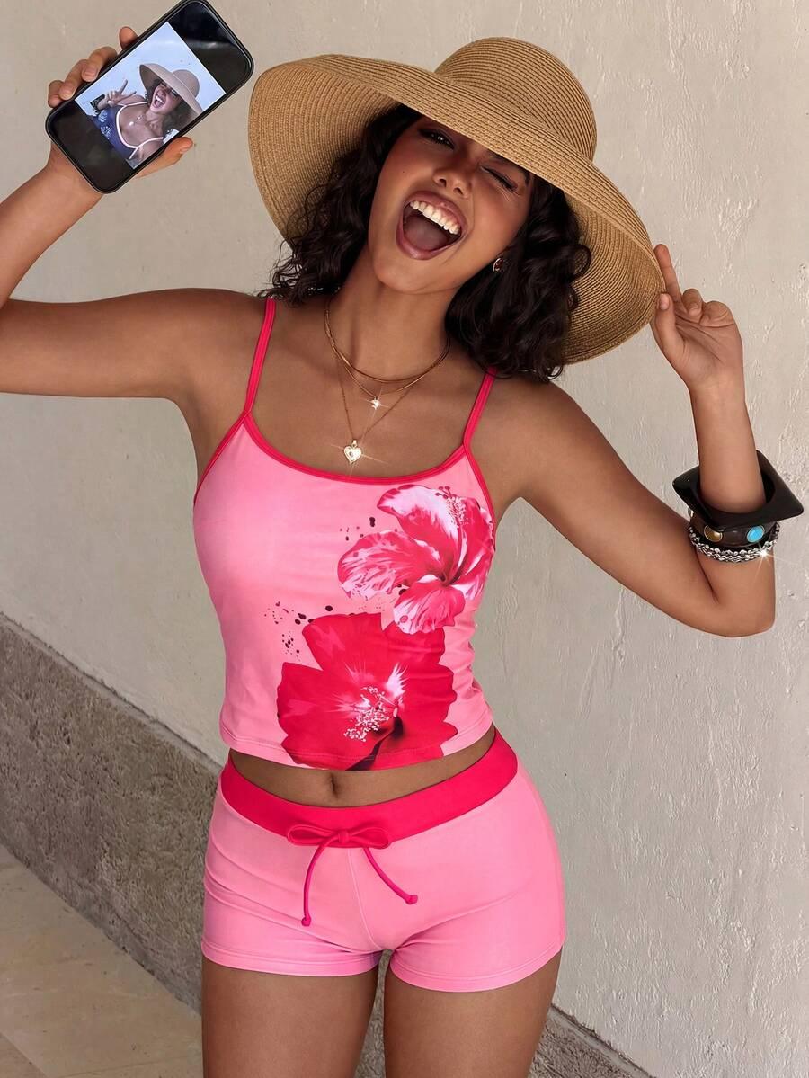 SHEIN DWUCZĘŚCIOWY STRÓJ KĄPIELOWY SPODENKI TOP PRINT S09__M