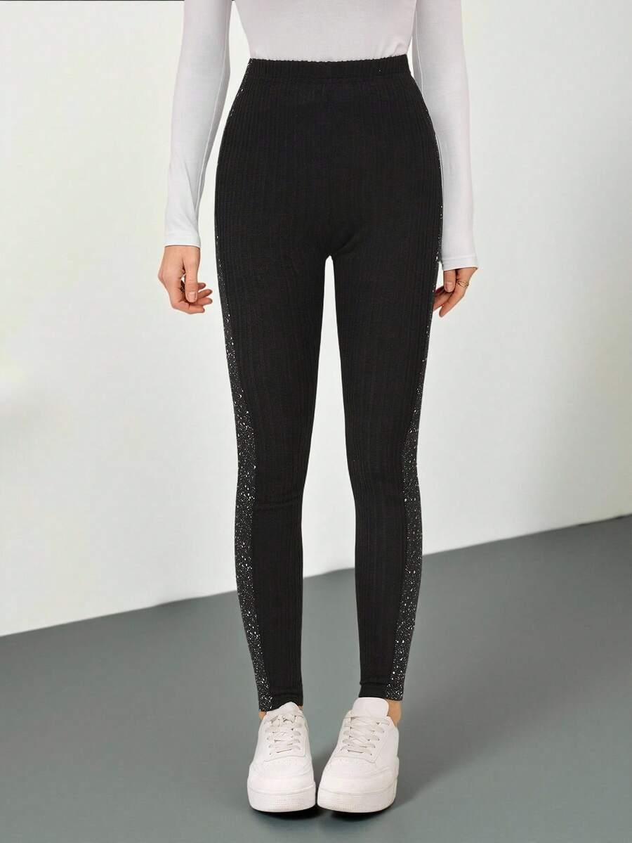 SHEIN CZARNE LEGGINSY ZDOBIENIE S06__XS
