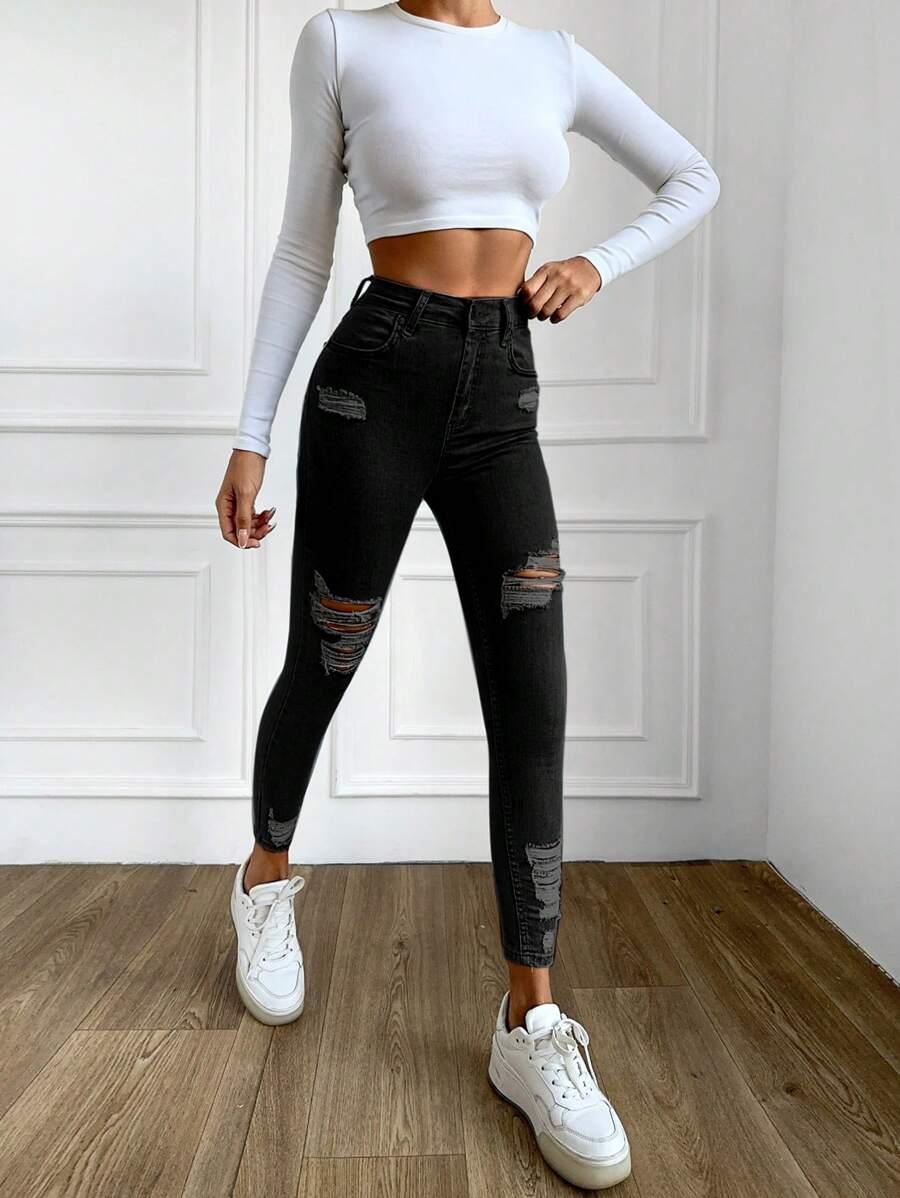 SHEIN SPODNIE Z WYSOKIM STANEM JEANS PRZETARCIA KIESZENIE ZAMEK S06__XS