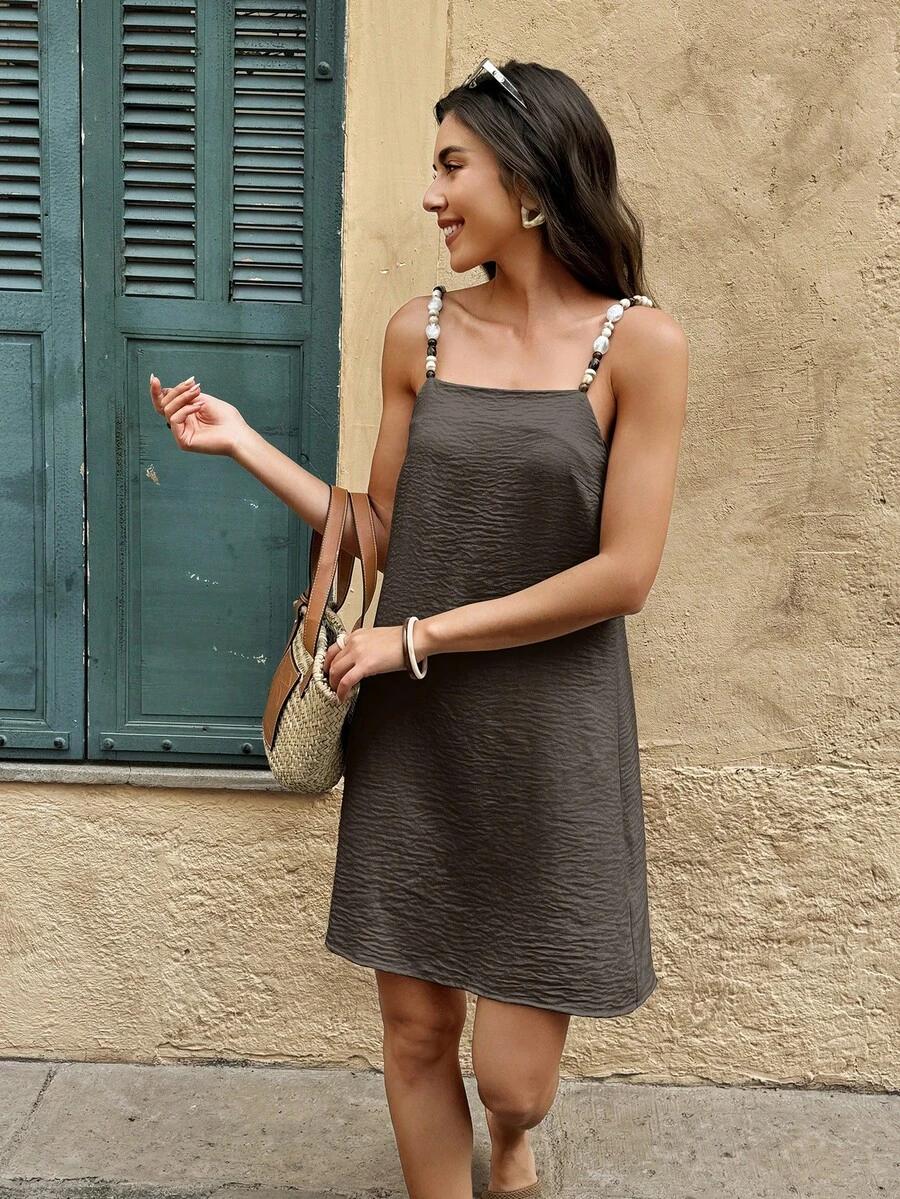 SHEIN BRĄZOWA MINI SUKIENKA ZDOBIENIA WIĄZANIE PK01__M
