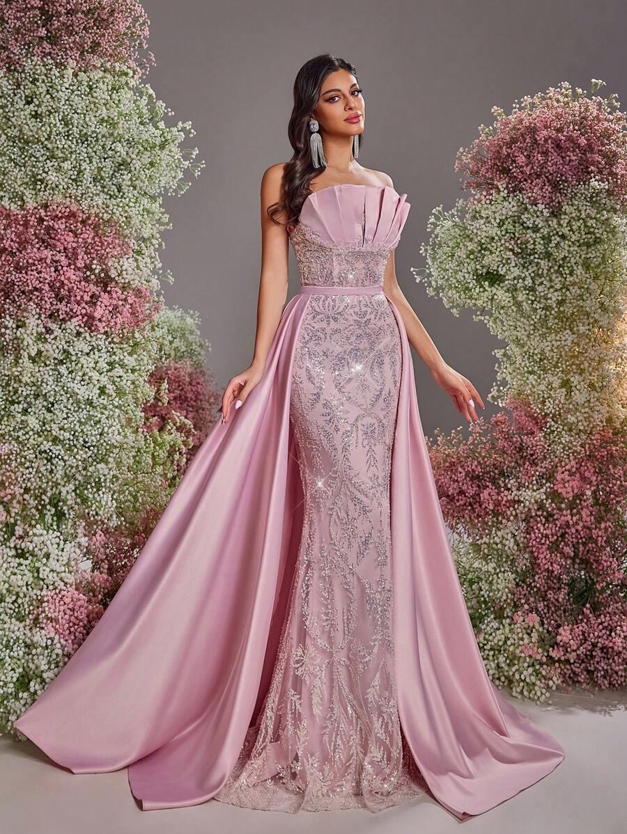 SHEIN RÓŻOWA MAXI SUKIENKA ZDOBIENIE S06__S