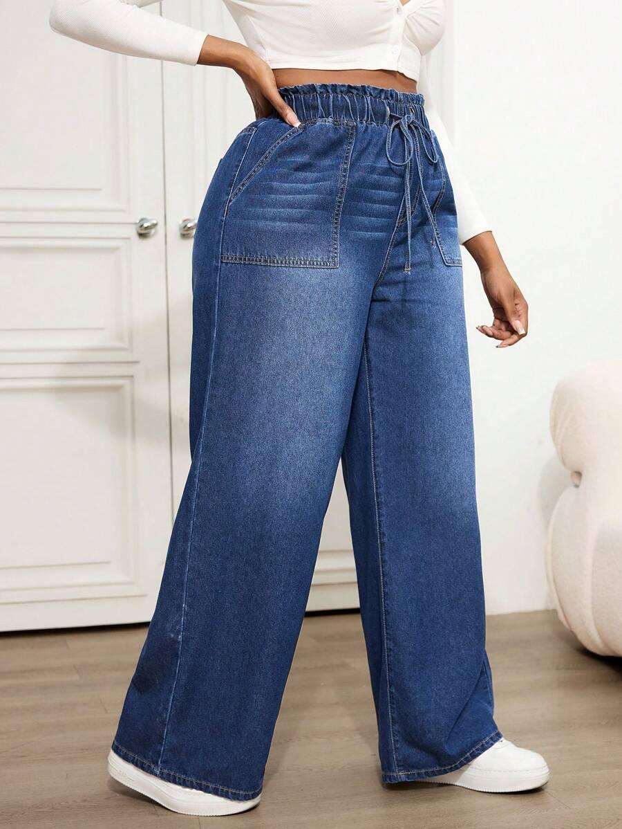 SHEIN NIEBIESKIE PROSTE SPODNIE JEANS WIĄZANIE S06__46