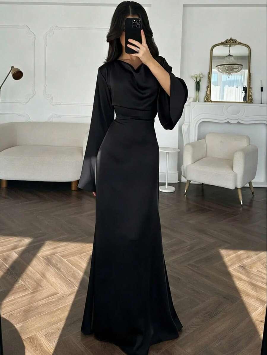 SHEIN CZARNA SATYNOWA MAXI SUKIENKA WIĄZANIE PK01__S