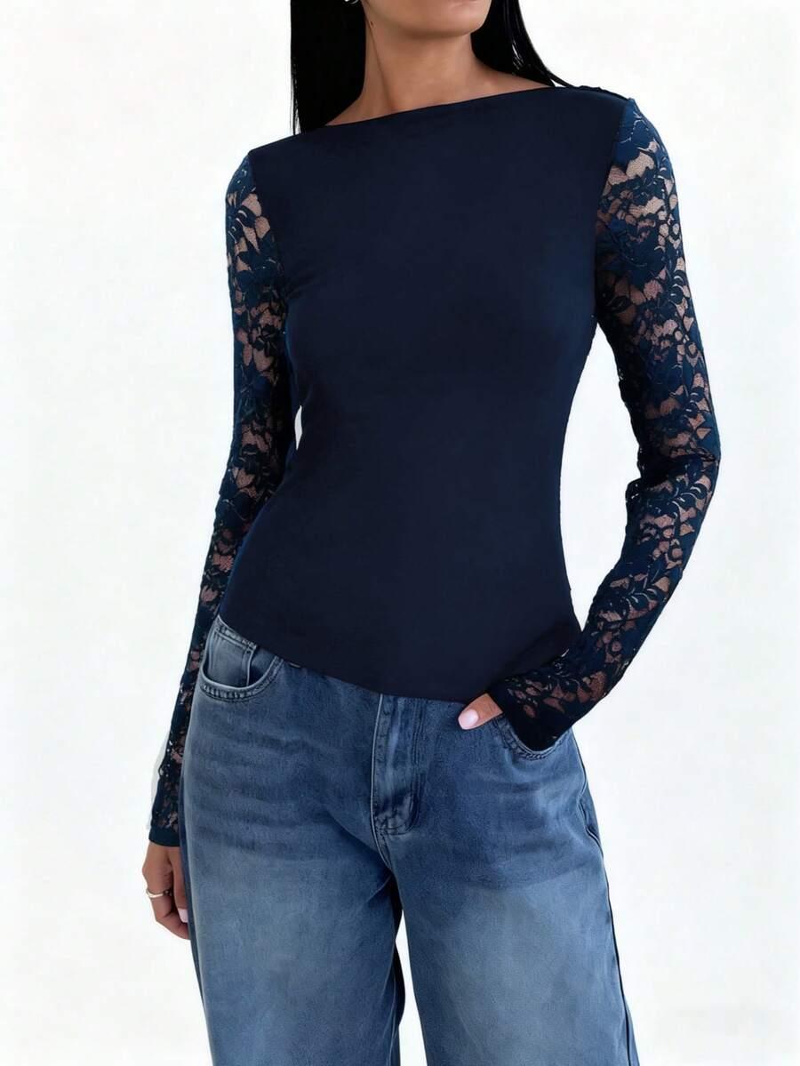 SHEIN GRANATOWA BLUZKA ODKRYTE PLECY KORONKA S07__XL