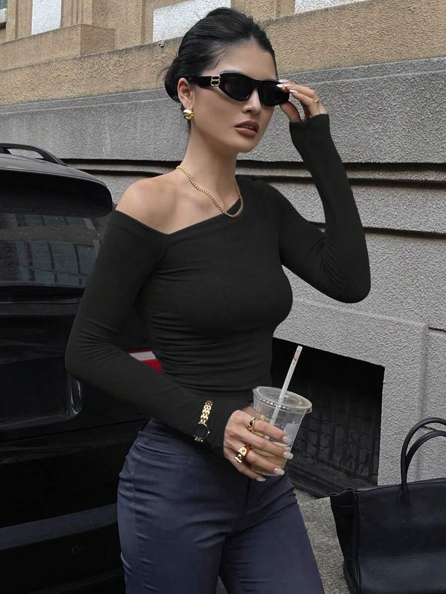 SHEIN CZARNA BLUZKA DŁUGI RĘKAW S06__M