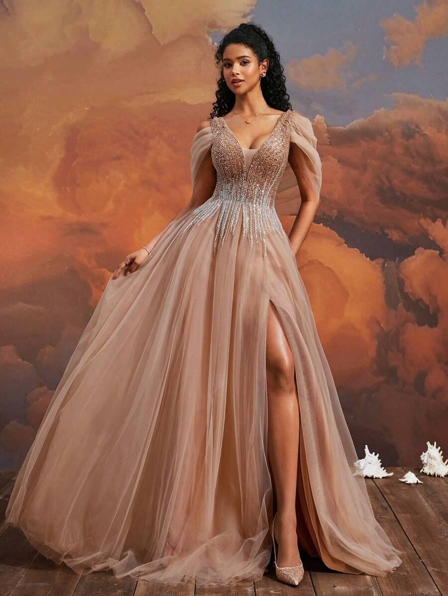 SHEIN ROZKLOSZOWANA MAXI SUKIENKA ZDOBIENIE TIUL ROZCIĘCIE PK01__S