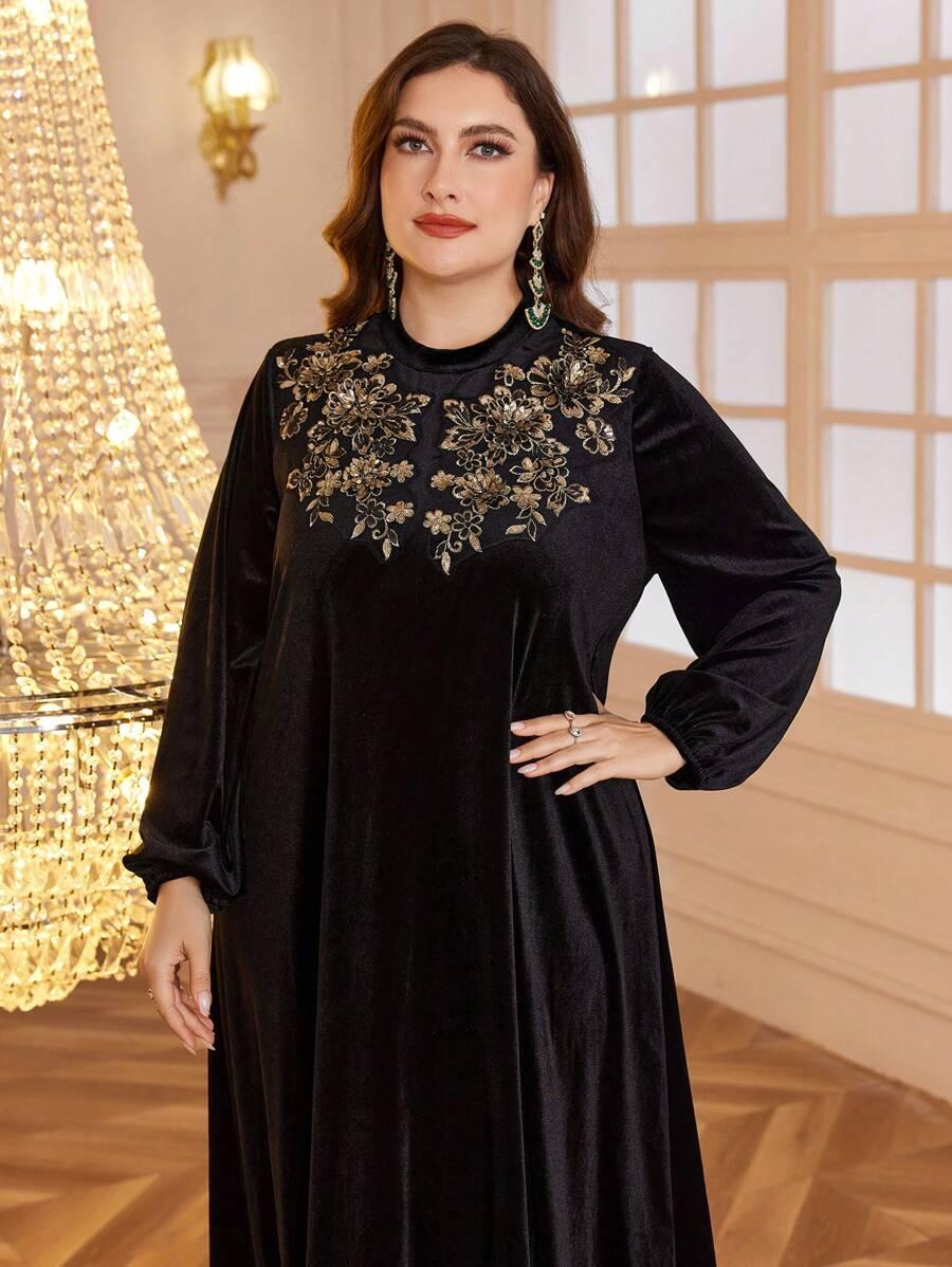 AL NAJMA CZARNA MAXI SUKIENKA ZDOBIENIE CEKINY HAFT KWIATY PK01__46