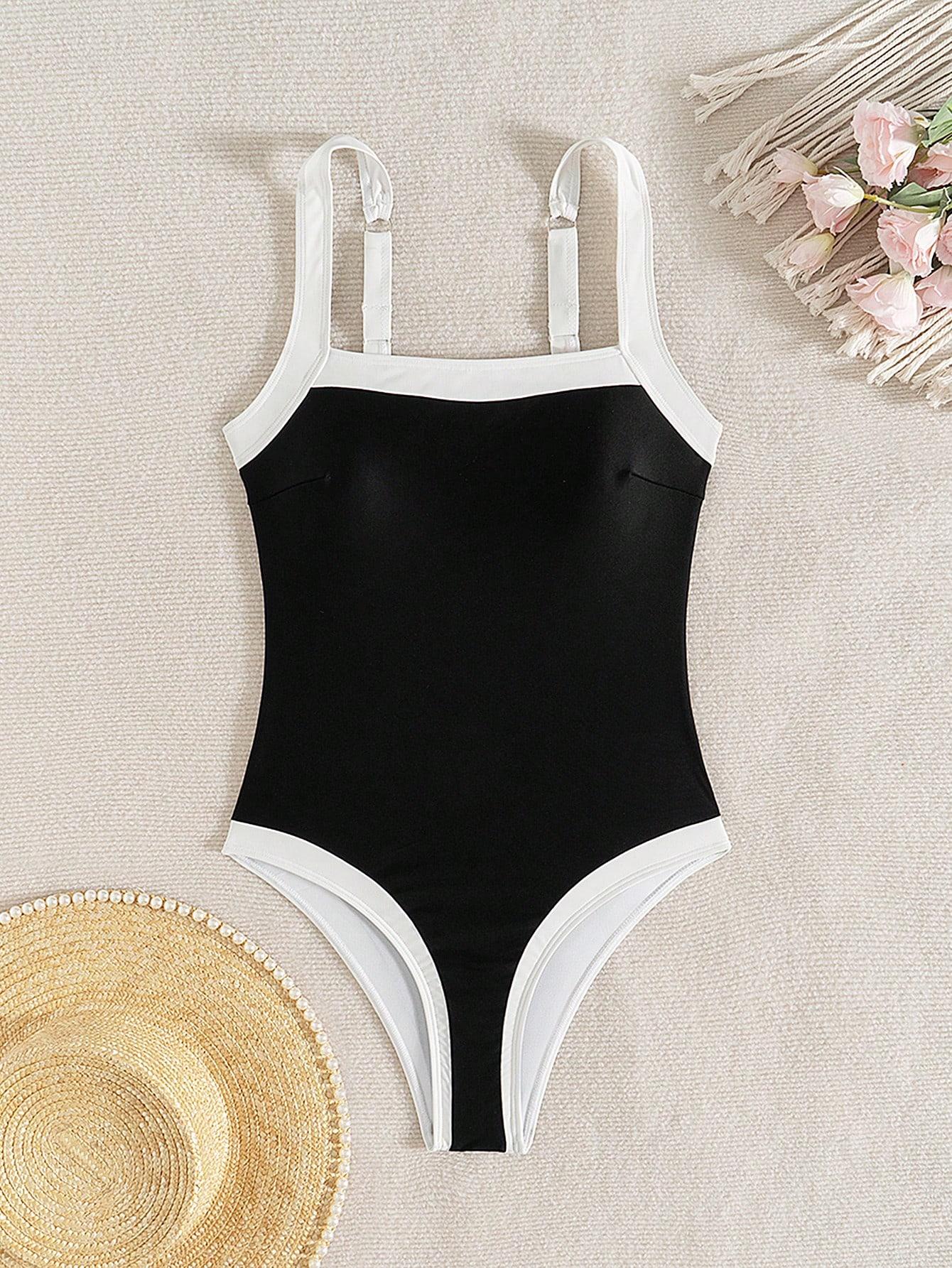 SHEIN CZARNY JEDNOCZĘŚCIOWY STRÓJ KĄPIELOWY KONTRAST S09__XL