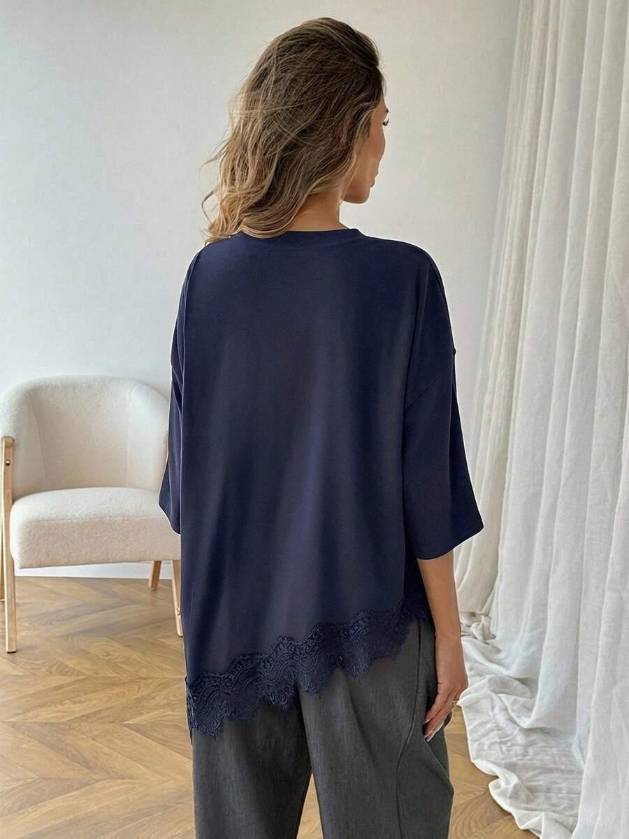 SHEIN GRANATOWY T-SHIRT KORONKA S06__M