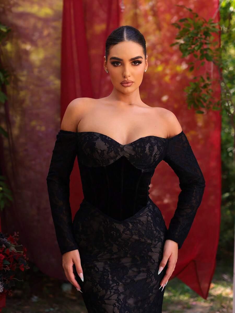 GLAMRAE CZARNA MAXI SUKIENKA KORONKA S06__L
