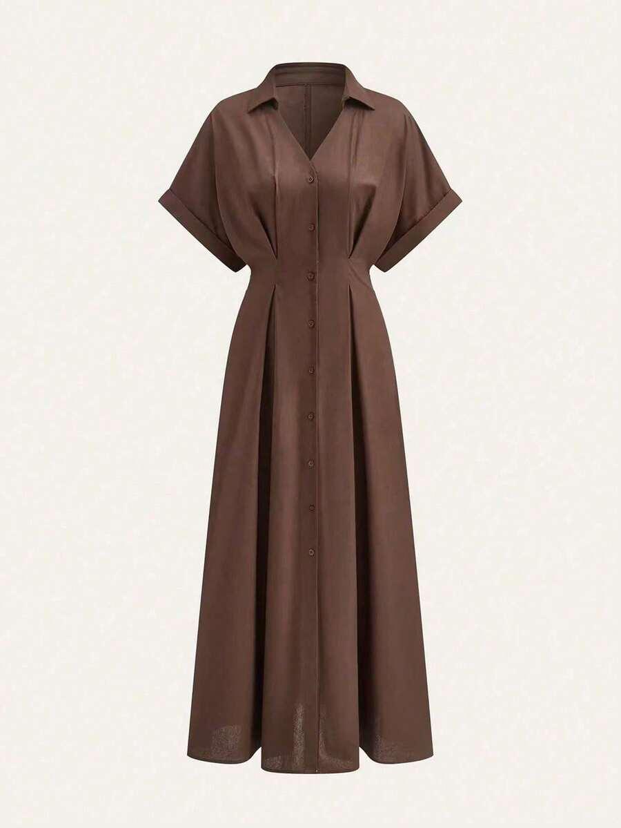 SHEIN BRĄZOWA MAXI SUKIENKA KRÓTKI RĘKAW S06__L