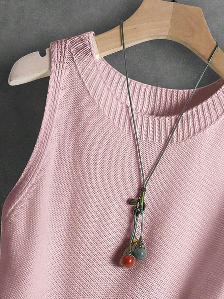 SHEIN RÓŻOWY DZIANINOWY TOP BEZ RĘKAWÓW PK01__L