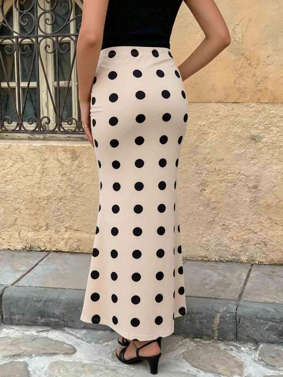 SHEIN KREMOWA MAXI SPÓDNICA WZÓR GROSZKI S06__M