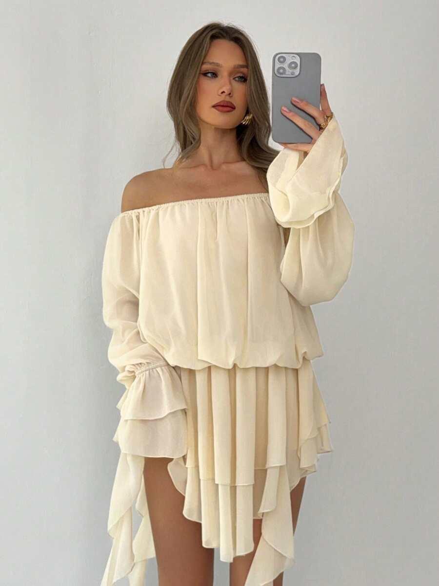 SHEIN BEŻOWA ASYMETRYCZNA MINI SUKIENKA DŁUGI RĘKAW S06__M
