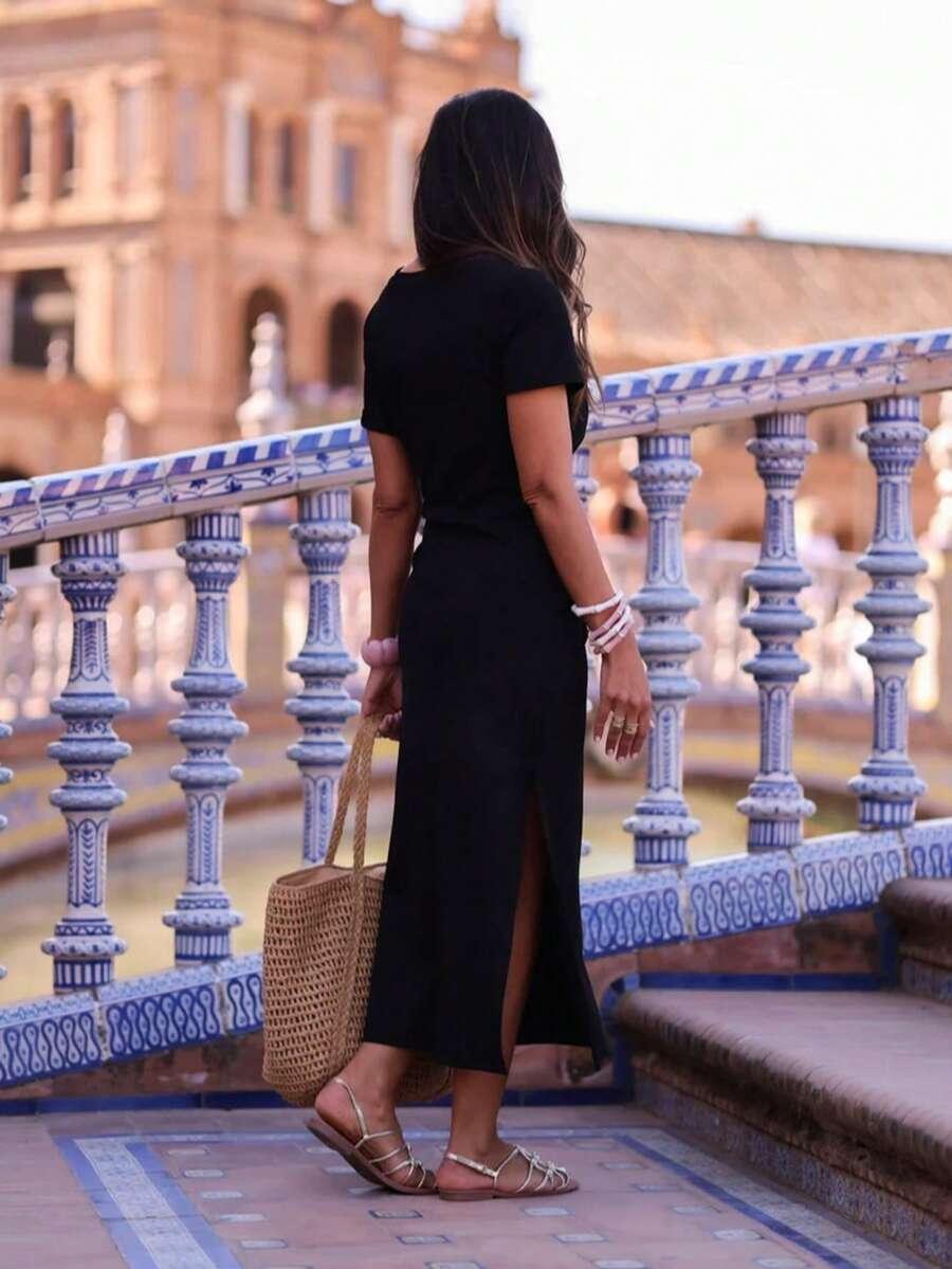 SHEIN CZRNA SUKIENKA KRÓTKI RĘKAW WIĄZANIE S06__L
