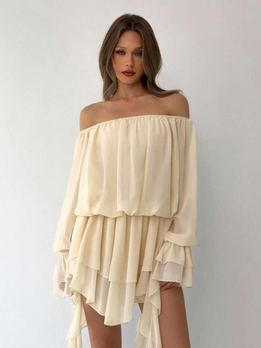 SHEIN BEŻOWA ASYMETRYCZNA MINI SUKIENKA DŁUGI RĘKAW S06__M