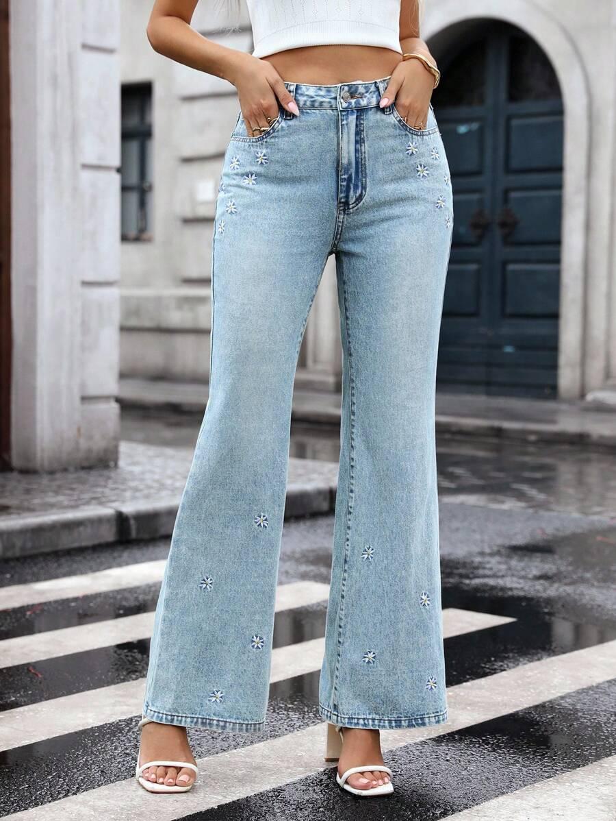 SHEIN NIEBIESKIE JEANSY KWIATY S09__W32/XL