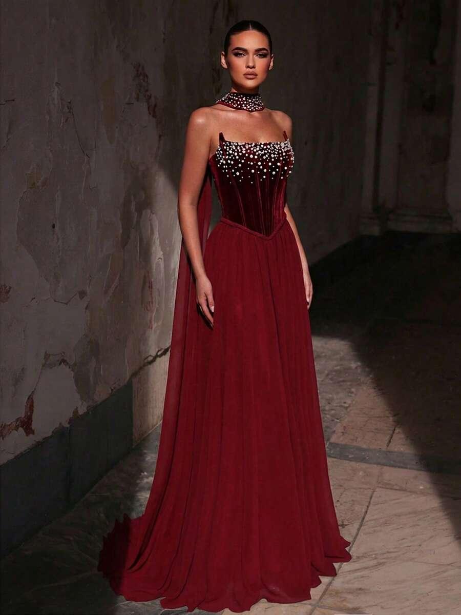 GLAMRAE BORDOWA MAXI SUKIENKA ODKRYTA RAMIONA ZDOBIENIE S06__XS