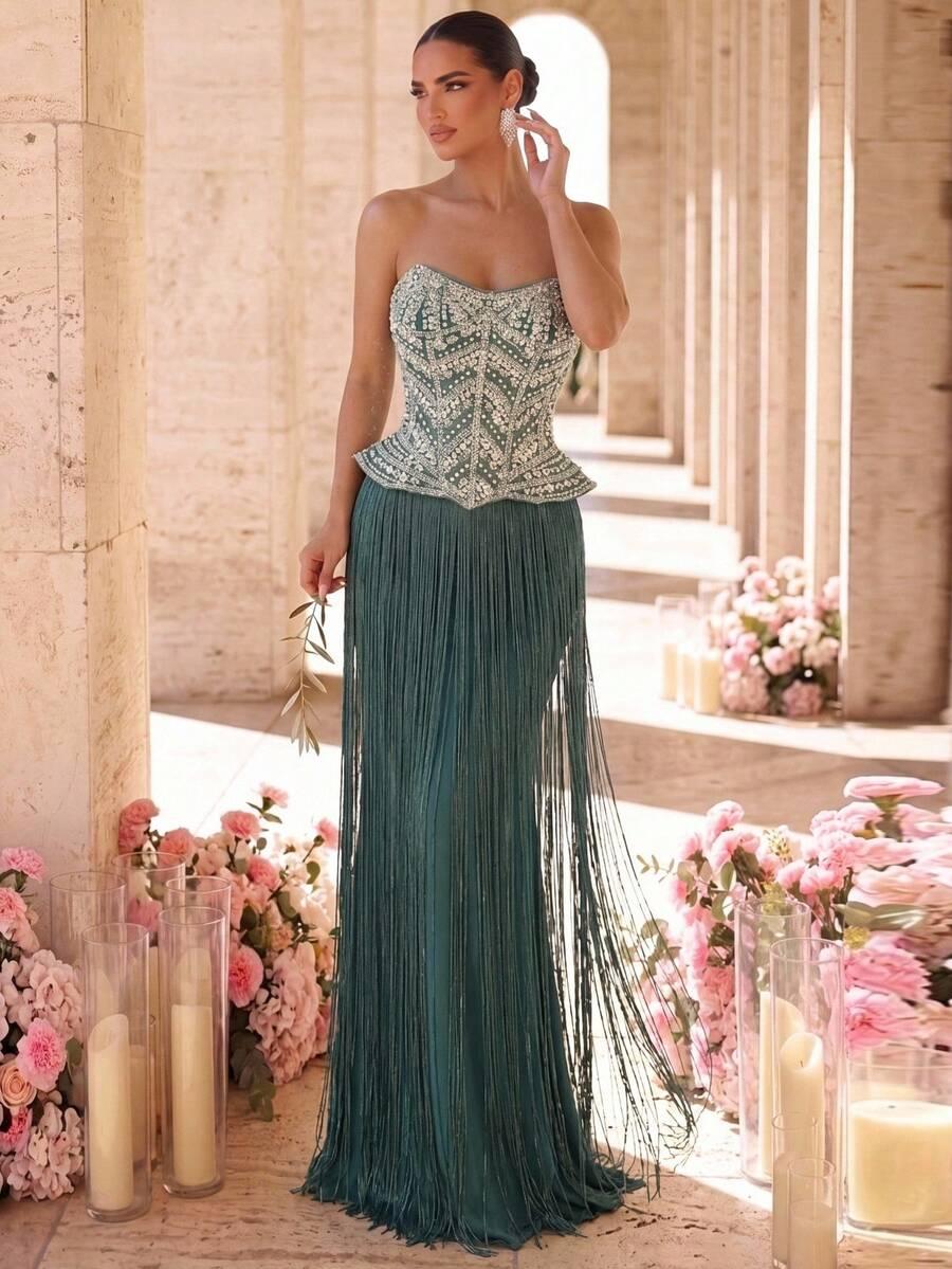 GLAMRAE ZIELONA SUKIENKA MAXI ZDOBIENIA FRĘDZLE S06__L