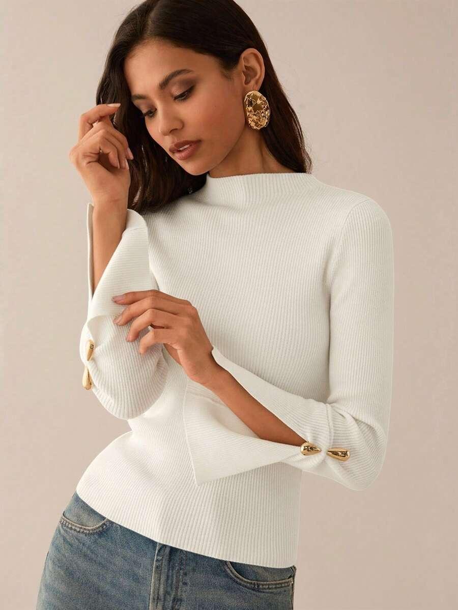 SHEIN ECRU PRĄŻKOWANY SWETER S06__L