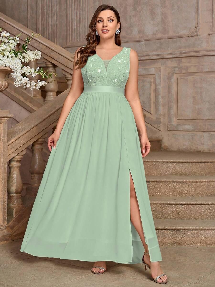 MISSMAY SZYFONOWA ZIELONA MAXI SUKIENKA CEKINY ROZCIĘCIE PK01__XXL