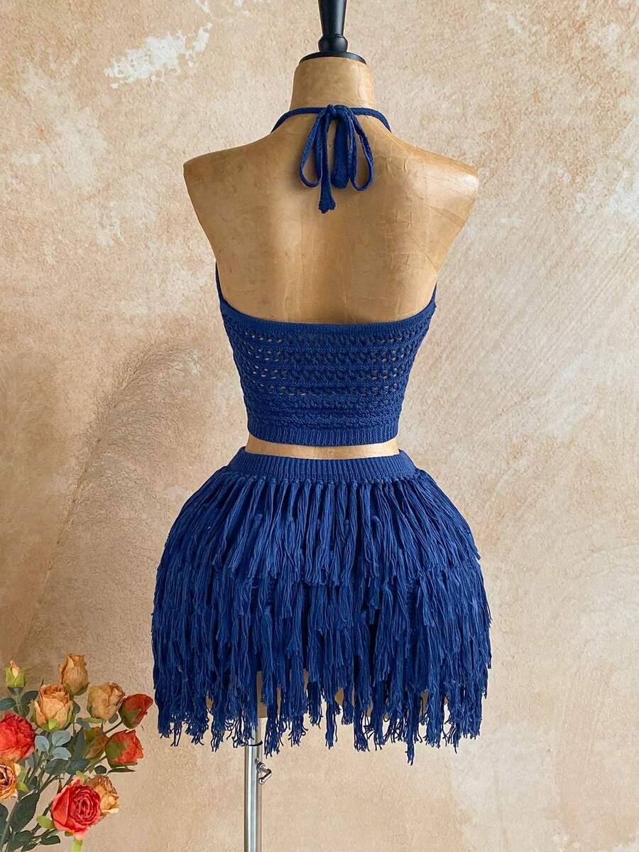 SOLEIA NIEBIESKI KOMPLET TOP SPÓDNICA S06__XS