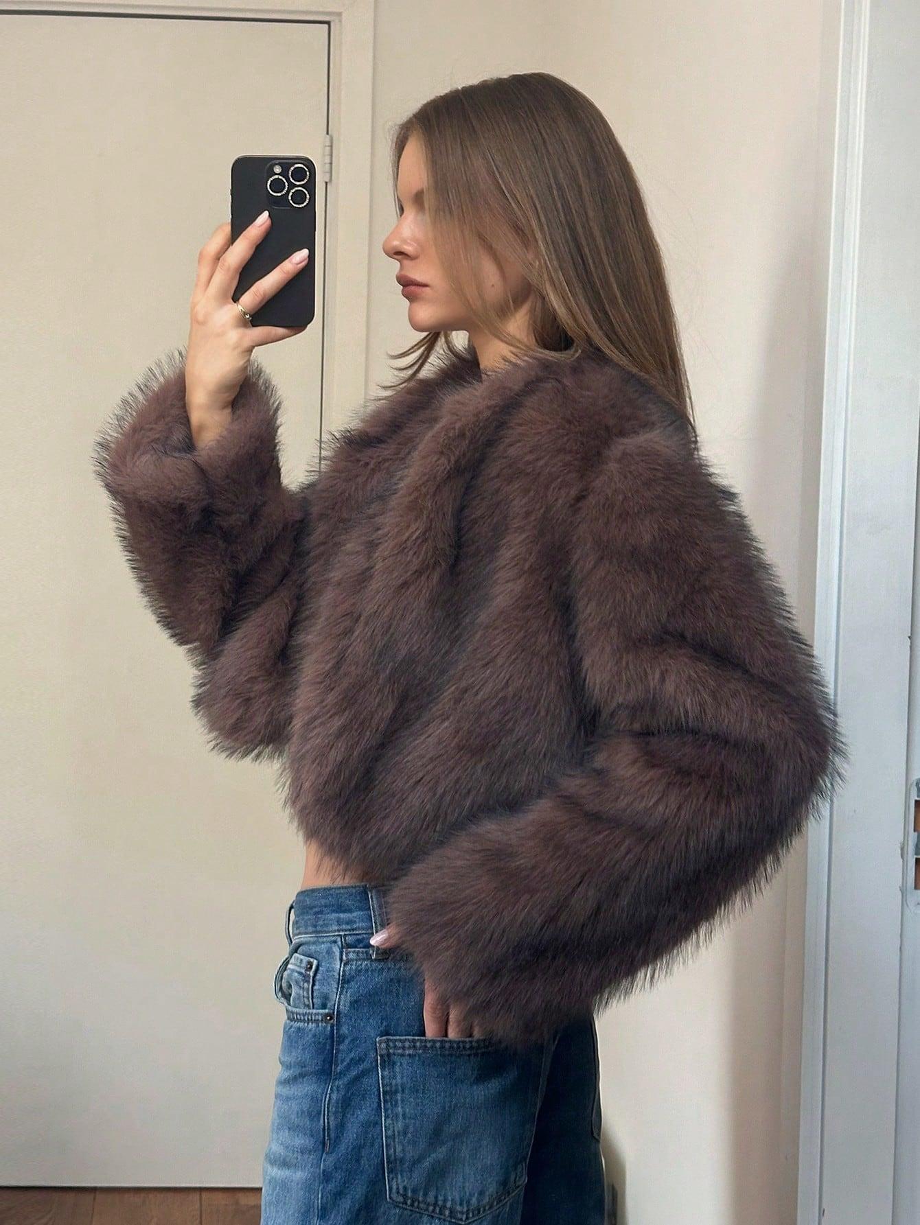 SHEIN BRĄZOWE SZTUCZNE FUTRO W01__S