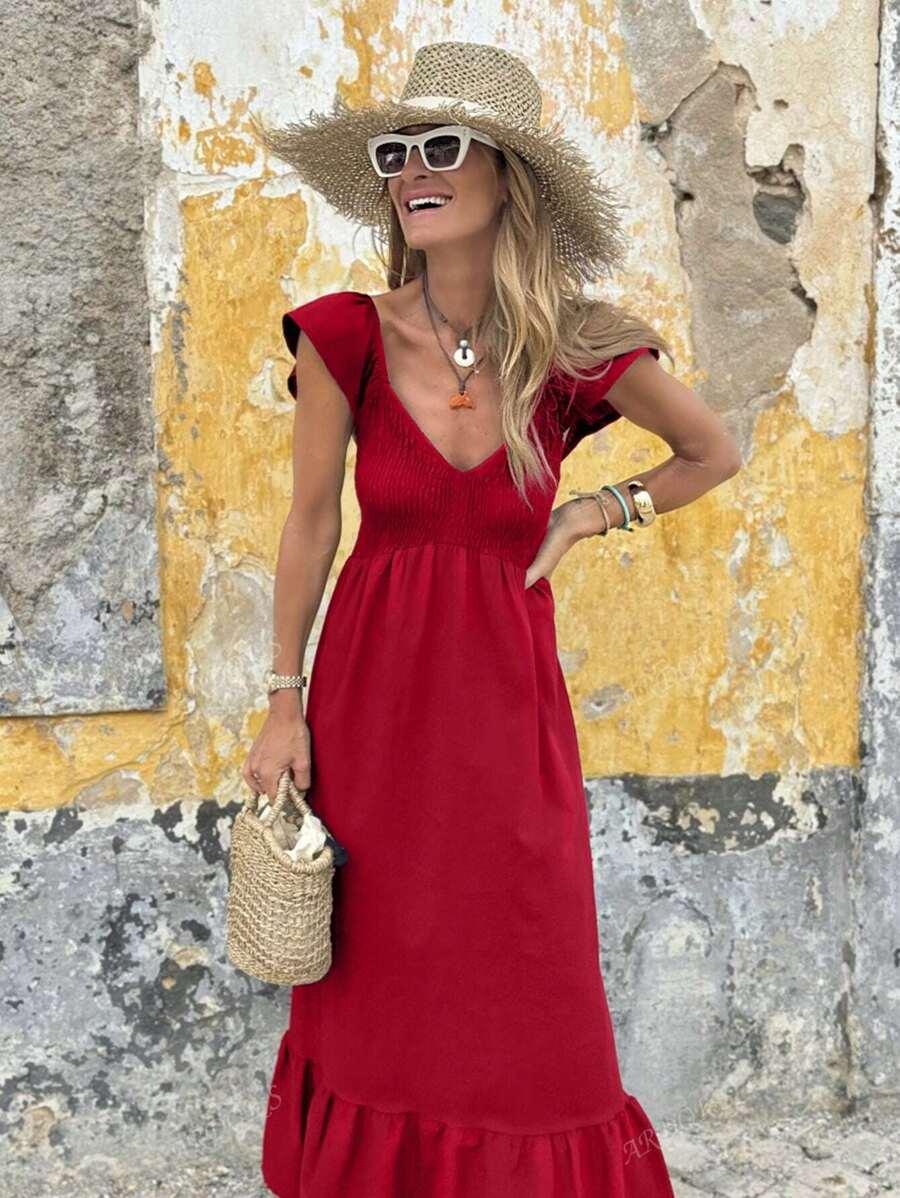 SHEIN CZERWONA MAXI SUKIENKA MARSZCZENIA S06__S