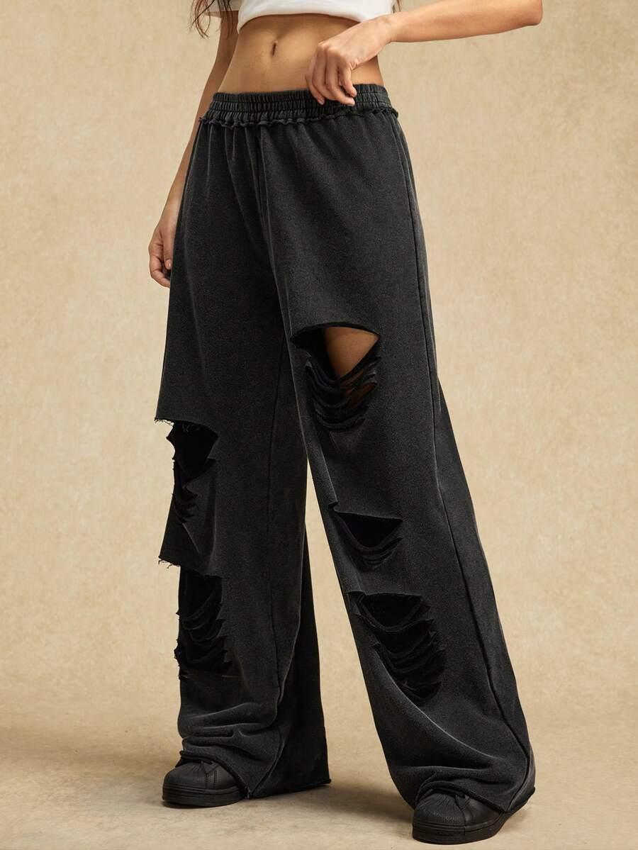 SHEIN CZARNE SPODNIE DRESOWE PRZETARCIA S06__L