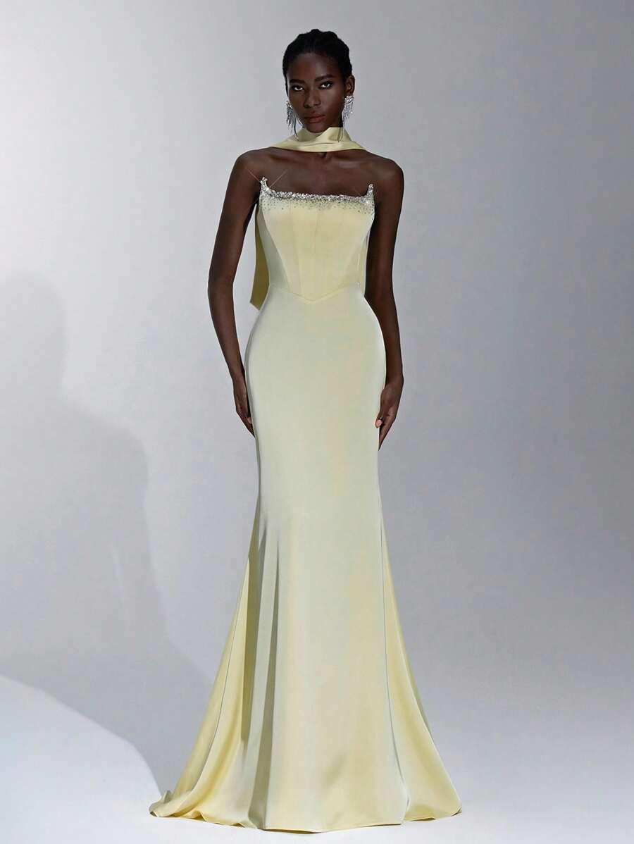 SHEIN ŻÓŁTA MAXI SUKIENKA ZDOBIENIE S06__XS