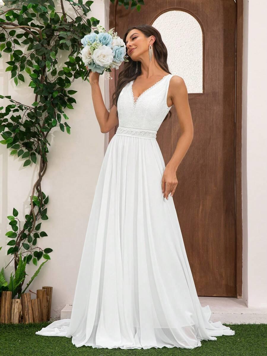 SHEIN BIAŁA SUKNIA ŚLUBNA BEZ RĘKAWÓW V-NECK S06__38