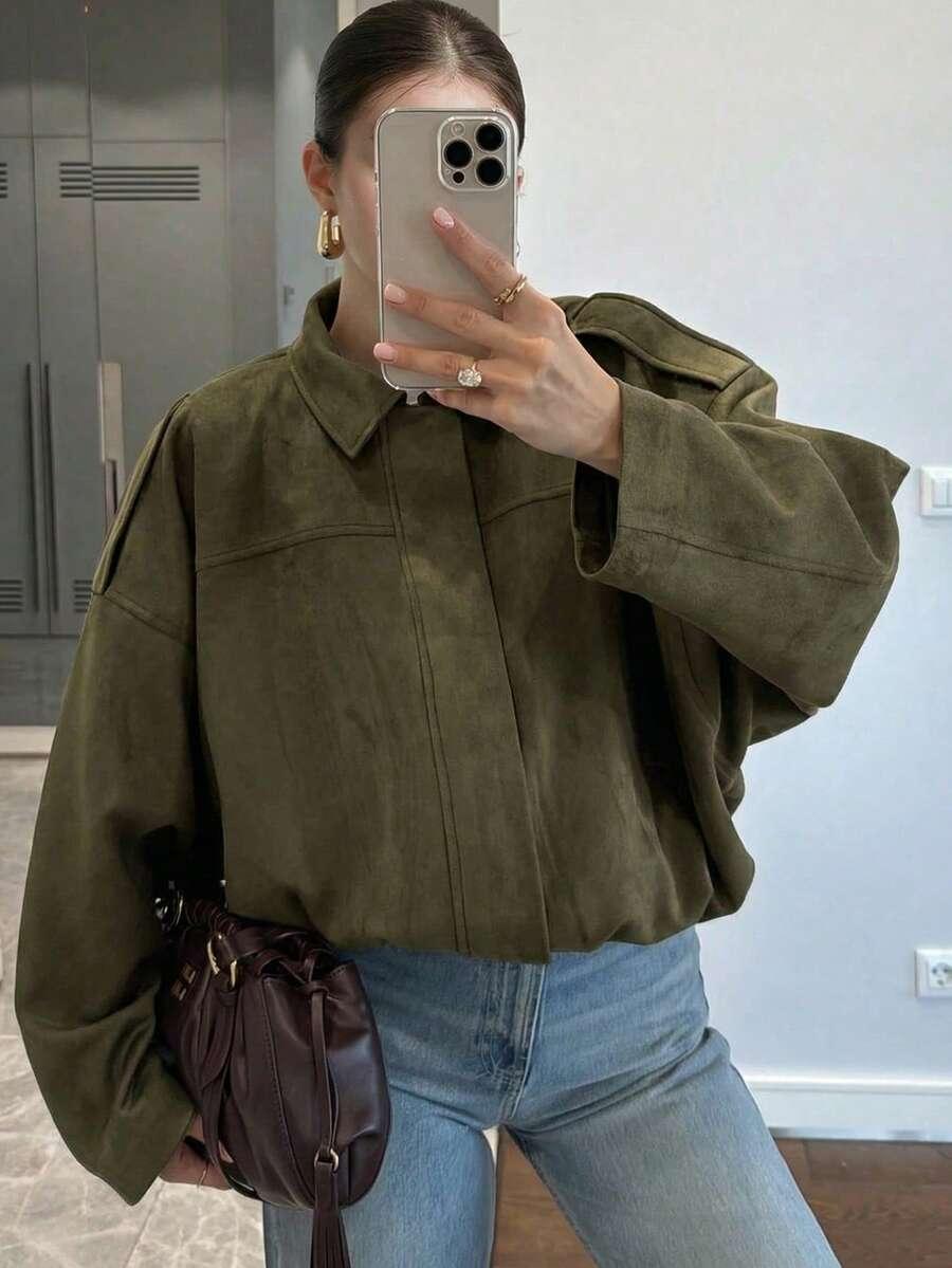 SHEIN ZIELONA KURTKA IMITACJA ZAMSZU S06__M