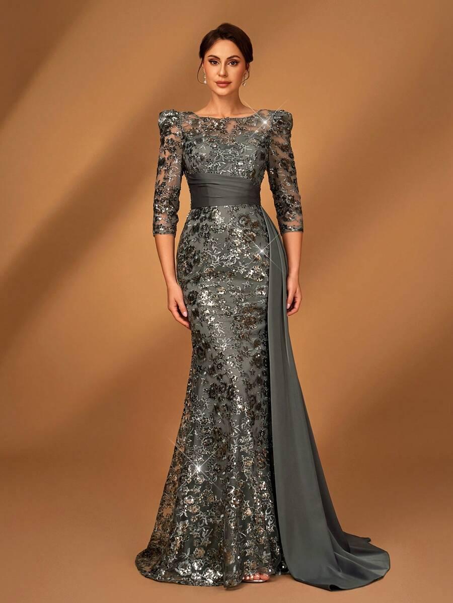 SHEIN SZARA MAXI SUKIENKA ZDOBIENIE S06__L