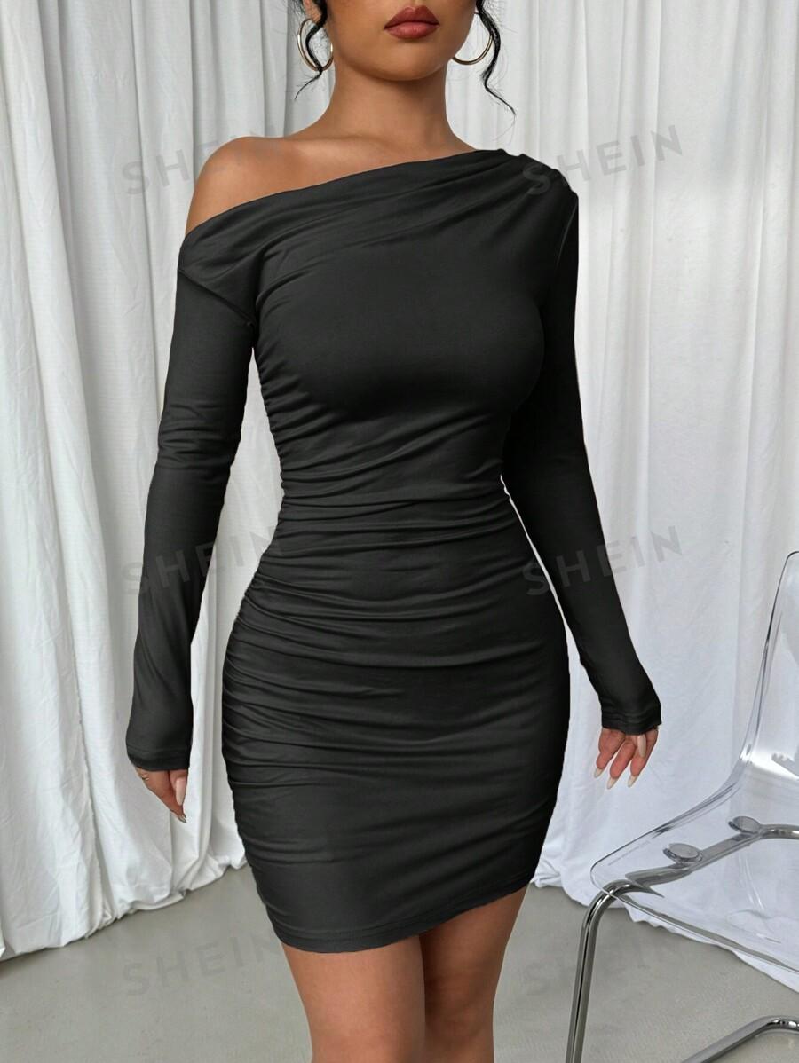 SHEIN CZARNA SUKIENKA ASYMETRYCZNY DEKOLT S06__S
