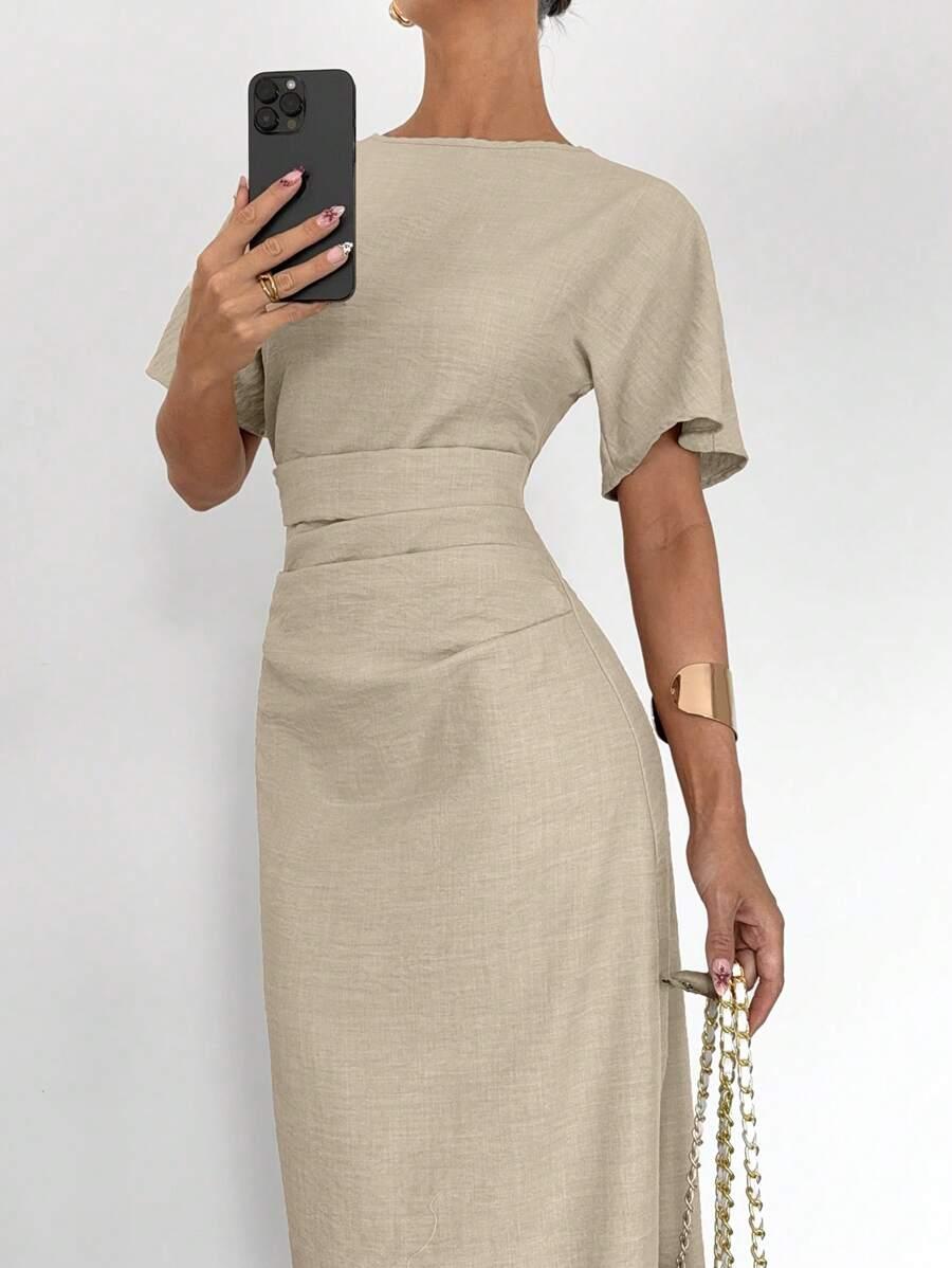 SHEIN BEŻOWA MAXI SUKIENKA S06__S