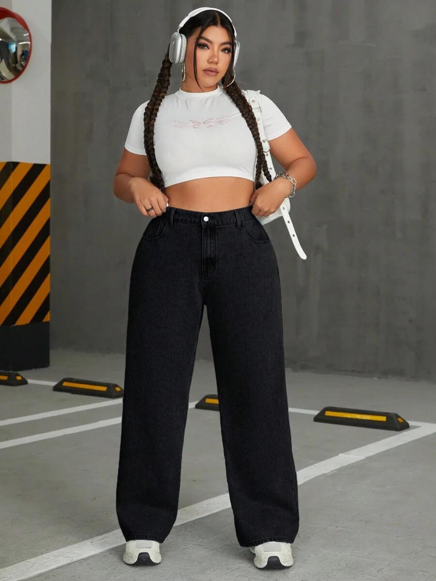 SHEIN CZARNE PROSTE SPODNIE JEANS HAFT S06__46