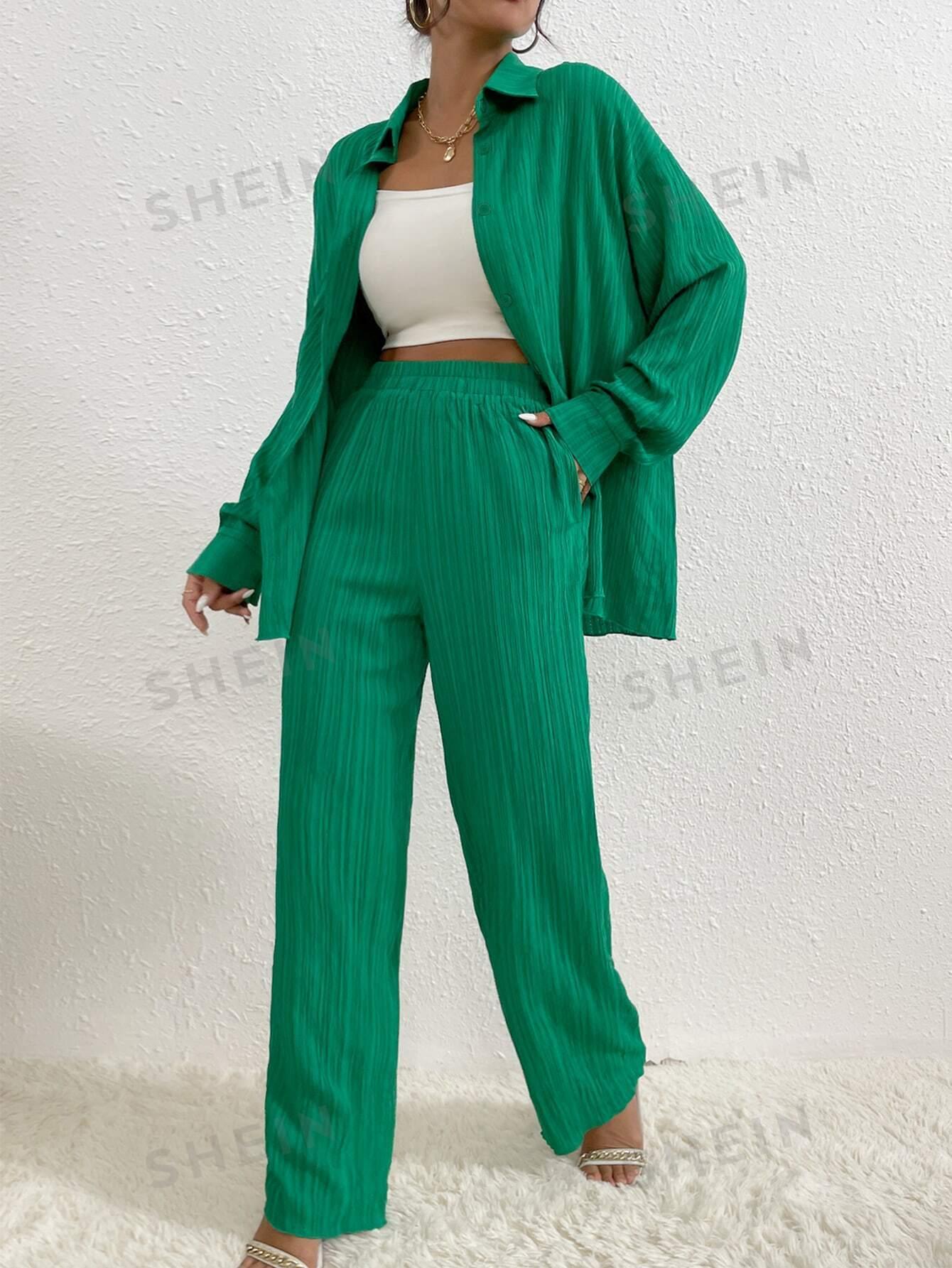 SHEIN ZIELONY KOMPLET SPODNIE KOSZULA PK01__M