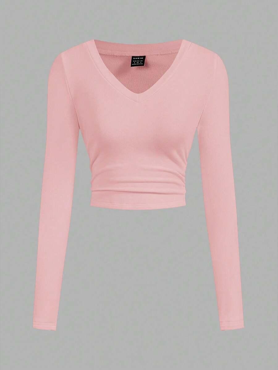 SHEIN OCIEPLANA BLUZKA V NECK MARSZCZENIE PK01__L
