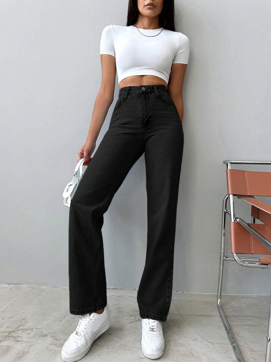 SHEIN CZARNE SPODNIE JEANS WYSOKI STAN S06__S