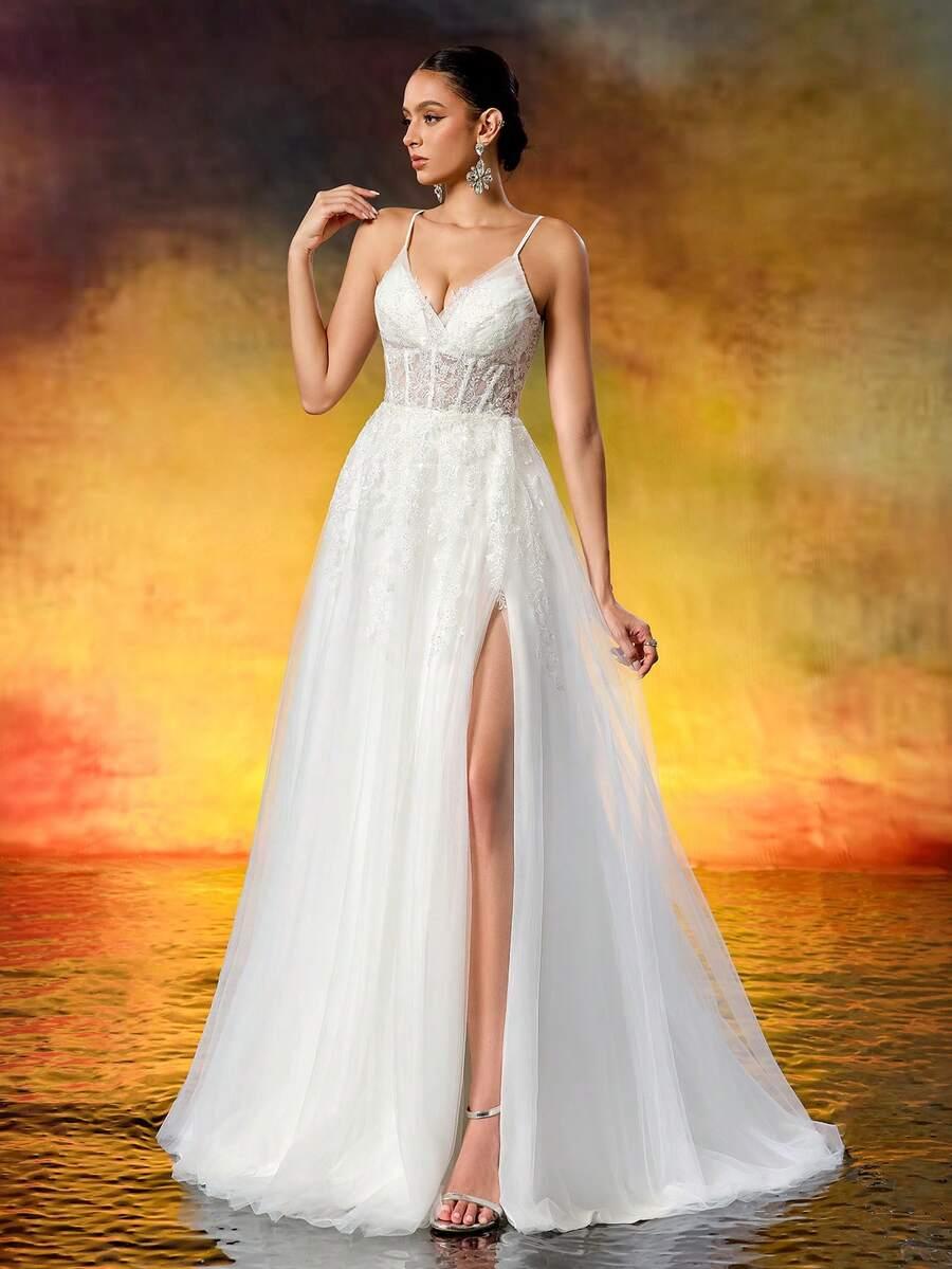 SHEIN BIAŁA MAXI SUKNIA ŚLUBNA ZDOBIENIE S06__40