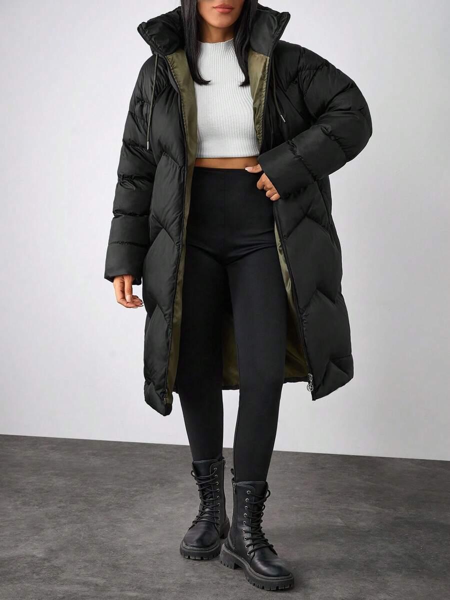 SHEIN CZARNA PIKOWANA KURTKA Z KAPTUREM W01__XL