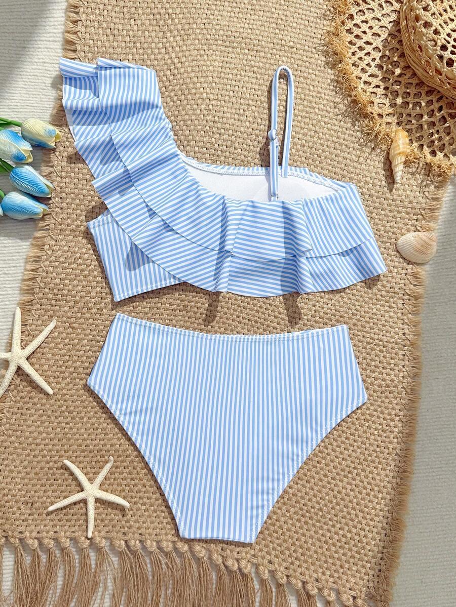 SHEIN DWUCZĘŚCIOWY STRÓJ KĄPIELOWY PASKI FALBANA KONTRAST S09__140-146
