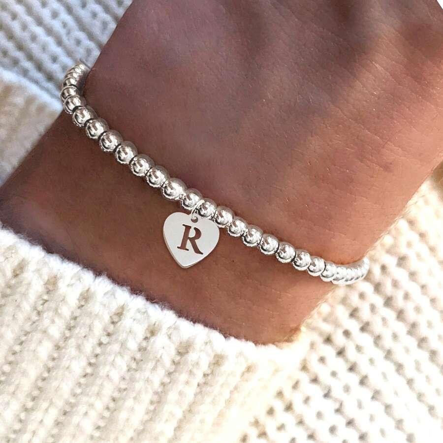 SHEIN SREBRNA BRANSOLETKA WZÓR SERCE Z LITERĄ "R" S07
