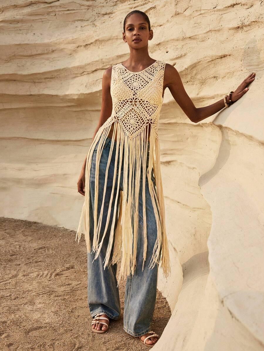 SHEIN BEŻOWY DZIANINOWY TOP FRĘDZLE S06__L