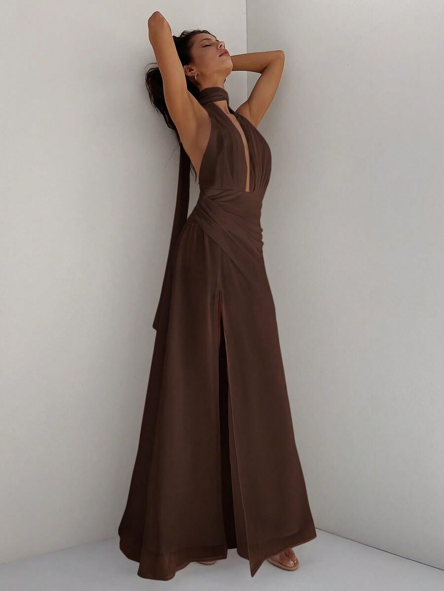 SHEIN BRĄZOWA MAXI SUKIENKA S06__M